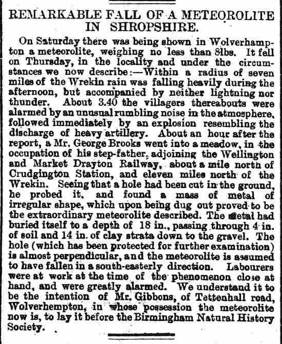 Report of the fall in the Sheffield Independent, Monday 24th April 1876